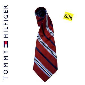 Tommy Hilfiger Silk Maroon Red White & Blue with Solid Blue Contrast Tail Tie